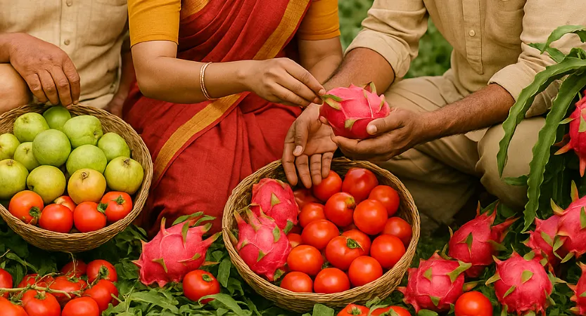 People harvesting dragon fruit, guava and tomato at the farm