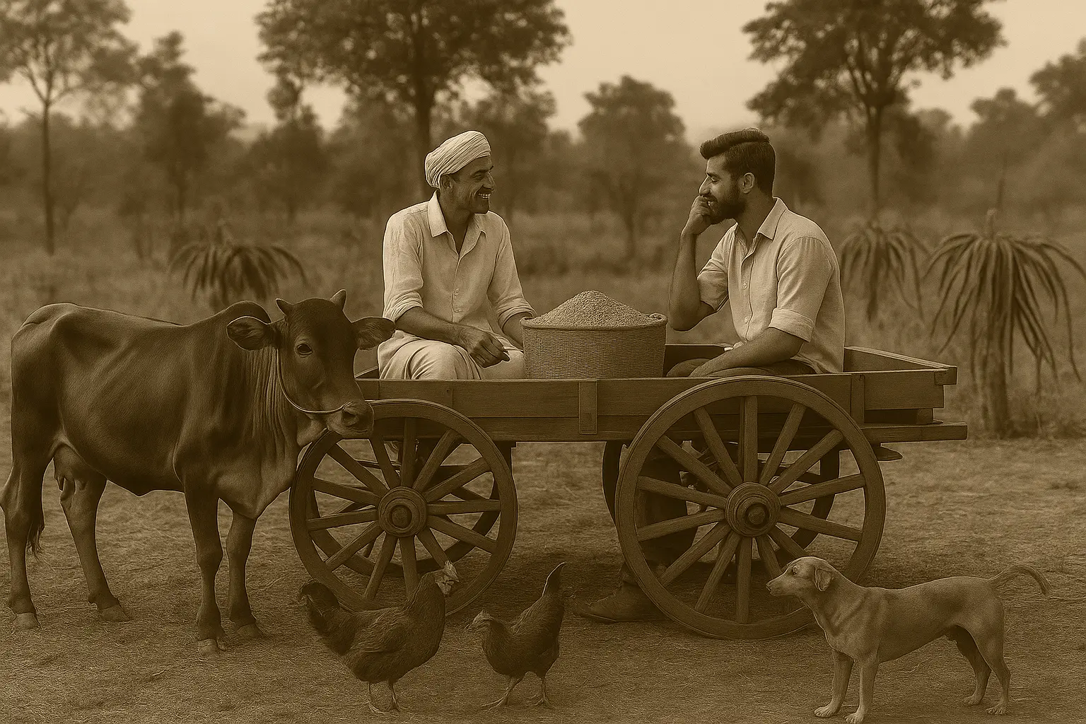 People sitting on an ox cart with animals around — the early days of Kurela farming