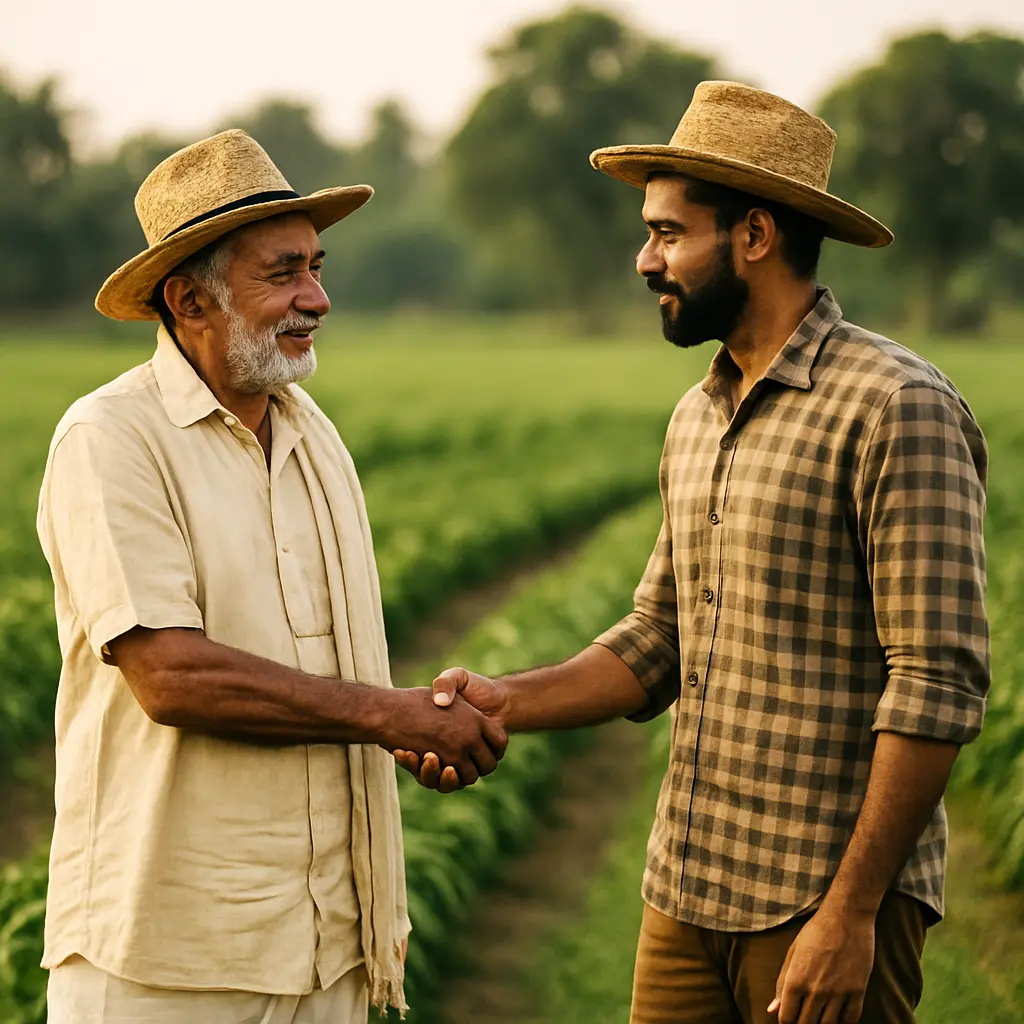 Two farmers shake hands at Kurela Agro Farms