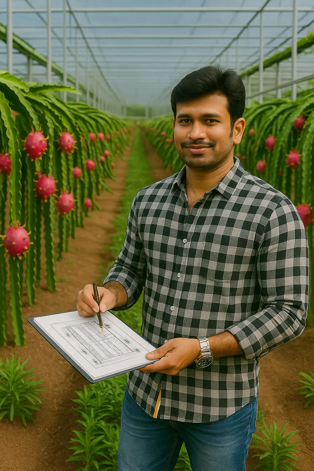 Kurela Lakshmi Narayana advising a farmer on a dragon fruit farm setup