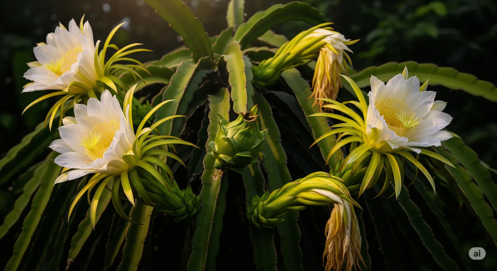 Dragon fruit plant with blooming white flowers and young green fruit bud